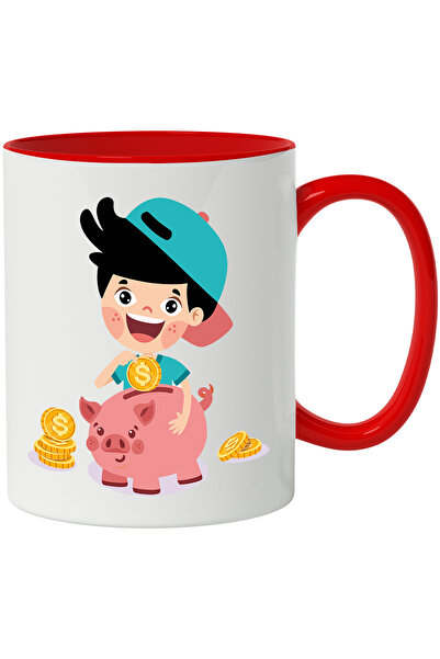 StoryGift Romania Cana Cu Copil, Sapca, Banuti, Pusculita, Purcel, Economii, Multicolor 330 ml, Ce, Cu Maner Rosu