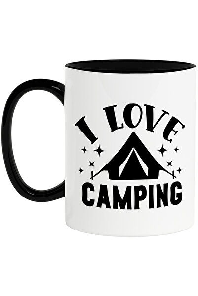 StoryGift Romania Cana cu un cort si stelute cu mesajul "I love camping" - iubesc camping-ul/tabar, Cu Maner Negru