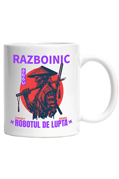 StoryGift Romania Cana cu Portret Profil Razboi Robot Cu Palarie Stil Samurai Ninja Text Razboinic, Cu Maner Alb