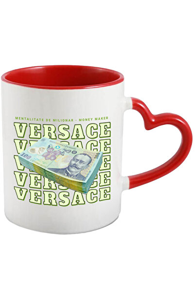 StoryGift Romania Cana __Versace_ - 100 Lei Romanesti, 330ml, Ceramica cu Maner Inima Rosie, Cu Maner Inima Rosie