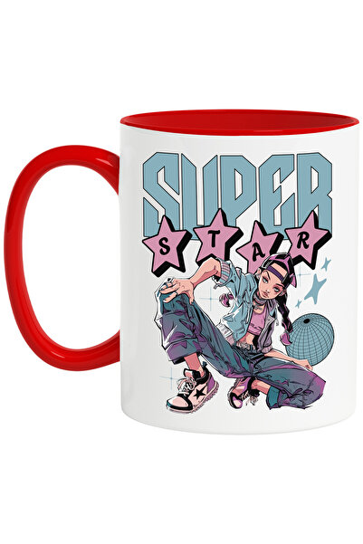 StoryGift Romania Cana Fata gangster text super star distractie, 330ml, Ceramic cu Maner Rosu, Cu Maner Rosu