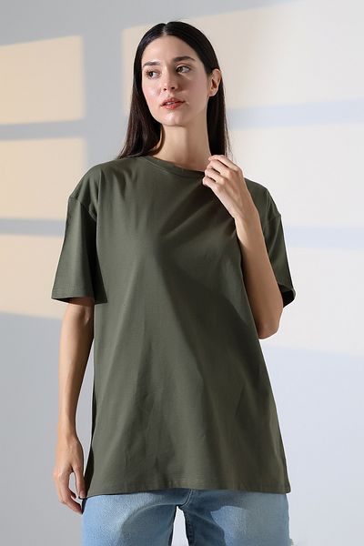 Endies Oversize Crew Neck 100% βαμβακερό χτενισμένο βαμβακερό συμπαγές βασικό μπλουζάκι 21752 KHAKI