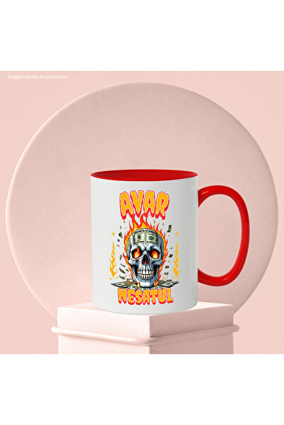 StoryGift Romania Mug Skull man in flames with banknotes greedy greedy, 330ml, Ceramic with Red Handle, With,STG