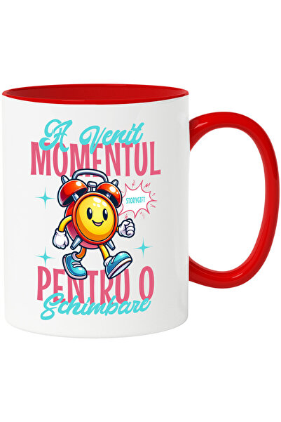 StoryGift Romania Cana cu Ceas Mecanic Galben Zambitor Text A Venit momentul Pentru O schimbare, C, Cu Maner Rosu