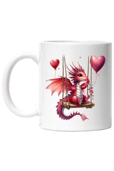 StoryGift Romania Cana cu un mic dragon care se da in leagan, ilustratie, baloane, inimioare, flor, Cu Maner Alb