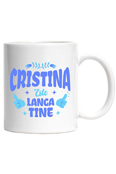 StoryGift Romania Cana cu Maini Semn OK Flori Colorate Text Cristina Este Langa Tine, Iubire, Drag, Cu Maner Alb