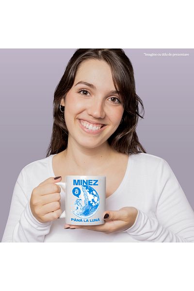 StoryGift Romania Cana Minez Pana La Luna Astronaut Bitcoin Moneda , 330ml, Ceramic Cu Maner Alb, Cu Ma,stg