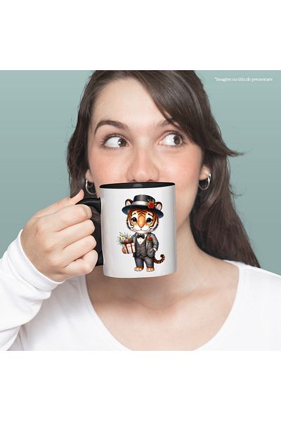 StoryGift Romania Mug with a tiger, illustration, hat, gift, popcorn, gift for girlfriend, Vale, With Black Handle