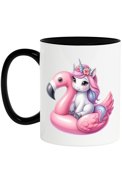 StoryGift Romania Mug with a unicorn sitting on a flamingo-shaped ring, illustration, imbujo, Cu,STG