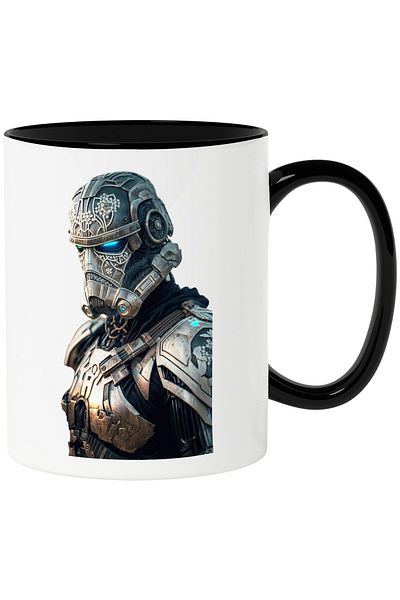 StoryGift Romania Cana cu Portret Robot Futuristic, Robot de Metal, Ochii Albastri, Sci-Fi, Viitor, Cu Maner Negru