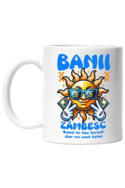 StoryGift Romania Cana cu Soare zambitor cu ochelarii si bancnote bani text b...