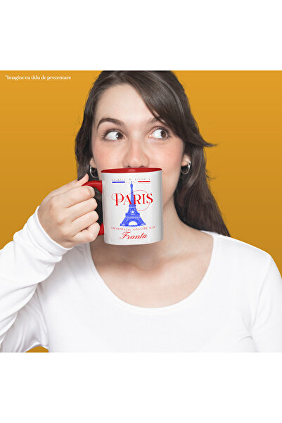 StoryGift Romania Cana cu Atractie Turistica Turnul Eiffel Franta, Text Amintiriel Noastre Din Par, Cu Maner Rosu