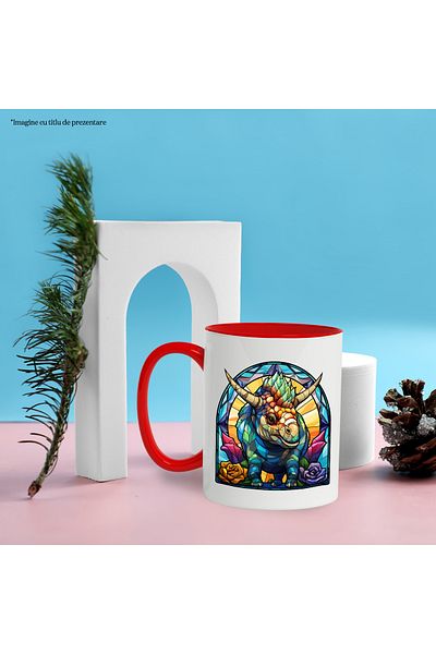 StoryGift Romania Mug with a dinosaur in mosaic style, illustration, flowers, long time ago, glass, a, With