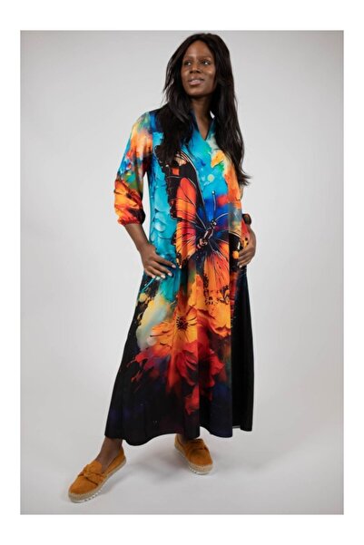 FASHIONLAND ROCHIE MAXI CU BUZUNARE SI MANECA LUNGA ABSTRACT ART BUTTERFLY TA...