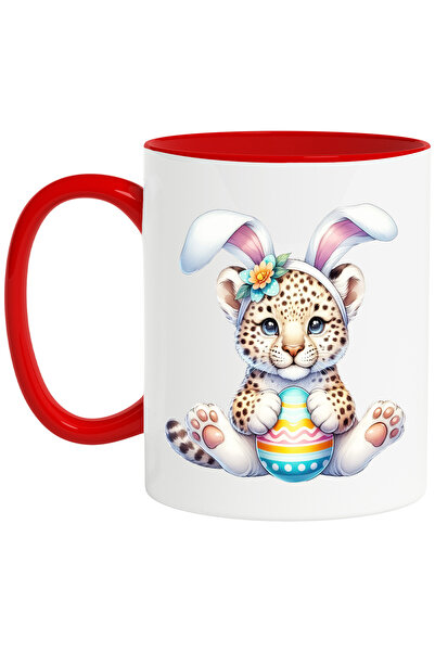 StoryGift Romania Cana cu un pui de tigru cu urechi de iepuras, ilustratie, ou vopsit, jucaus cu M, Cu Maner Rosu