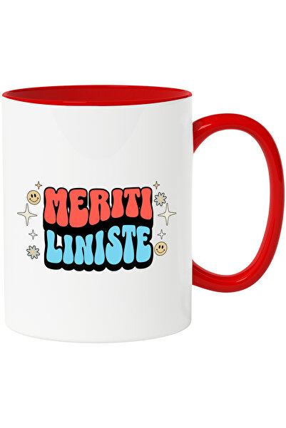 StoryGift Romania Cana Meriti Liniste, 330ml, Ceramic cu Maner Rosu, Cu Maner Rosu