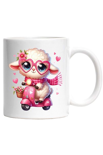 StoryGift Romania Cana cu o oita care conduce un scuter | ilustratie | plimbare | viteza | cosulet, Cu Maner Alb