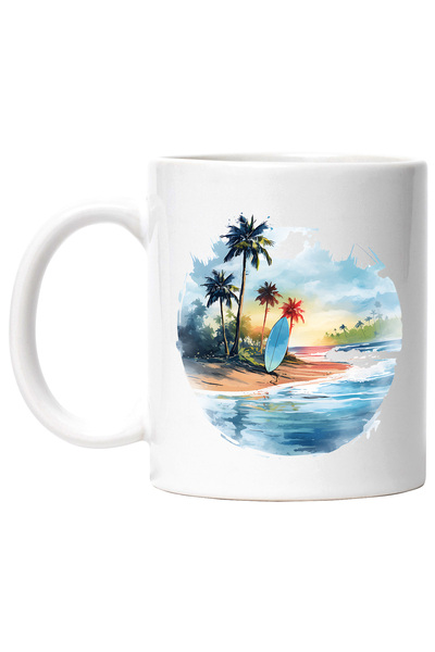 StoryGift Romania Cana cu o plaja, ilustratie, placa de surf, vacanta, palmie...