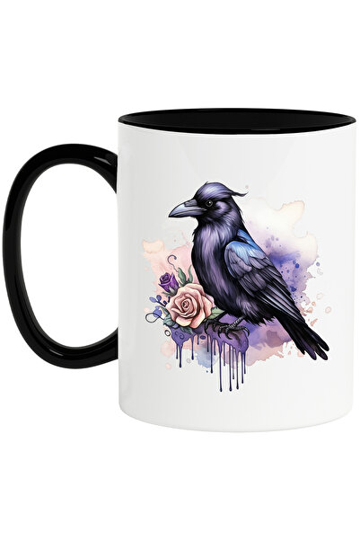 StoryGift Romania Cana cu un corb, ilustratie, trandafir, flori, vopsea, ramu...