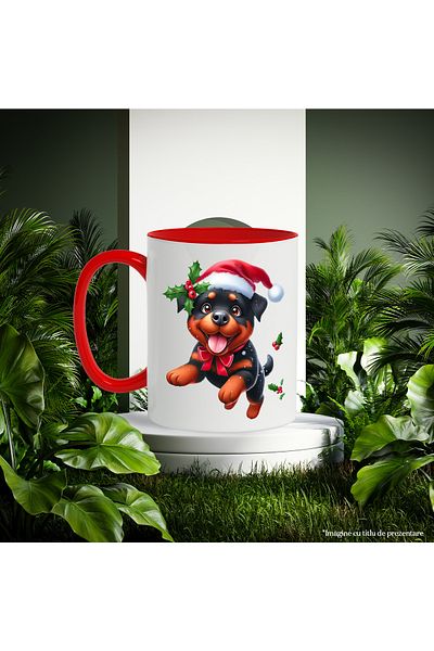 StoryGift Romania Mug with Rottweiler, dog, pet, illustration, mistletoe, Santa Claus hat, With, STG.