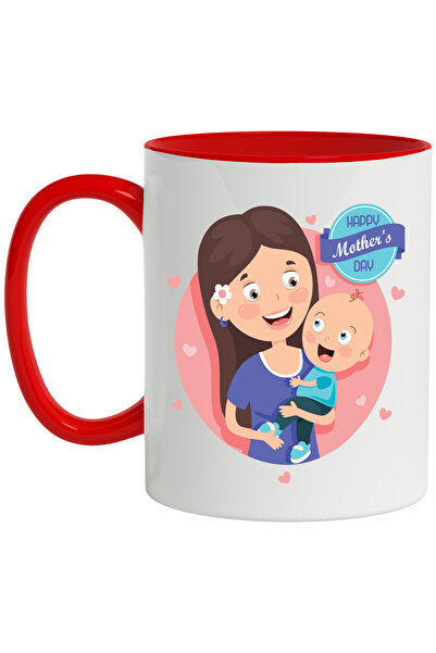 StoryGift Romania Cana Cu Mesaj In Engleza Happy Mother's Day, Ziua Mamei, Bebelus, Inimi, Cerc, M, Cu Maner Rosu