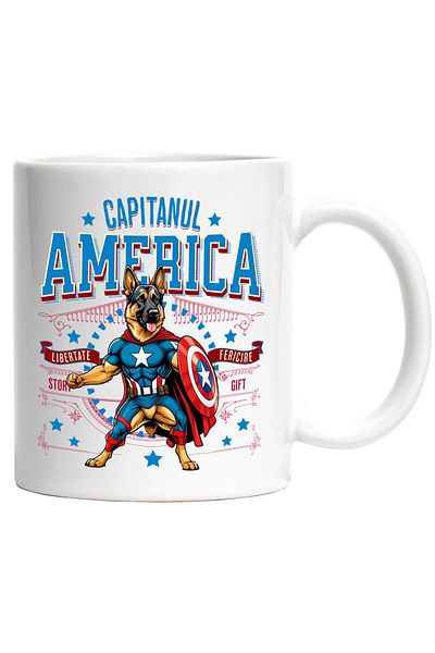 StoryGift Romania Cana cu Ciobănesc German / German Shepherd Caine In Costum de Capitan America cu, Cu Maner Alb