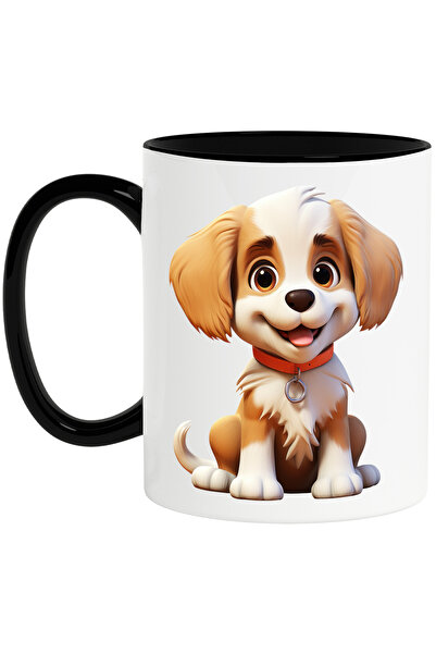 StoryGift Romania Cana cu un catel vesel, ilustratie, zgarda, portocaliu, alb, pentru iubitorii de, Cu Maner Negru