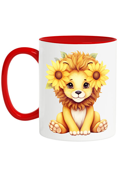 StoryGift Romania Cana cu un pui de leu cu flori de floarea-soarelui in dreptul urechilor | ilustr, Cu Maner Rosu