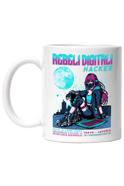 StoryGift Romania Cana Fata pe cladire luna Rebeli digitali. Hacker, 330ml, Ceramic cu Maner Alb, Cu Maner Alb
