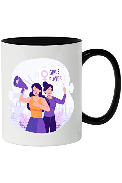 StoryGift Romania Cana Cu Mesaj In Engleza Girl's Power, Parada, Frunze, Portavoce, Multicolor 330, Cu Maner Negru