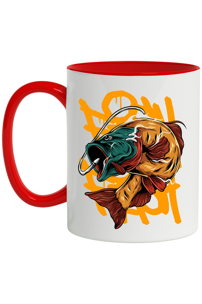 StoryGift Romania Cana Cu Peste, Ac, Pescuit, Graffiti, Multicolor 330 ml, Ceramica cu Maner Rosu, Cu Maner Rosu