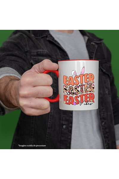 StoryGift Romania Cana cu mesajul "Easter, Easter, Easter vibes", Paste fericit, ilustratie, sarba, Cu Maner Rosu