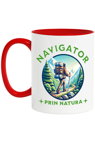 StoryGift Romania Cana navigator prin natura aventura barbat camping drumetie, 330ml, Ceramic cu M, Cu Maner Rosu
