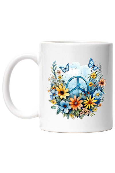 StoryGift Romania Cana cu semnul pacii, stilul hippie, cultura, ilustratie, psihedelic, flori dive, Cu Maner Alb