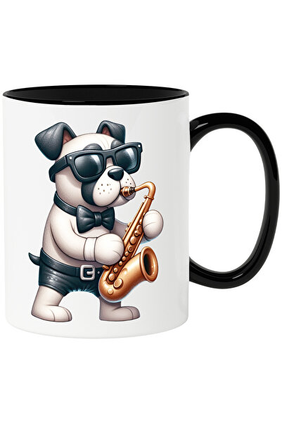 StoryGift Romania Cana cu un caine care canta la saxofon | ilustratie | ochelari | papion | instru, Cu Maner Negru