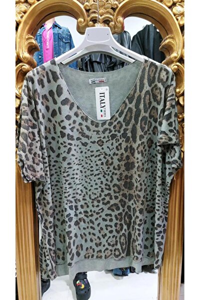 Butik Ayseba Kadın Varaklı Leopar Desen Kısa Kol İtalyan Bluz