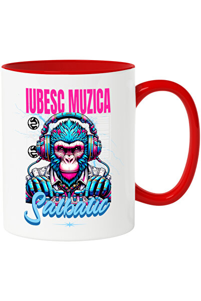 StoryGift Romania Cana gorila dj, muzica iubitorii petreceri, 330ml, Ceramic cu Maner Rosu, Cu Maner Rosu