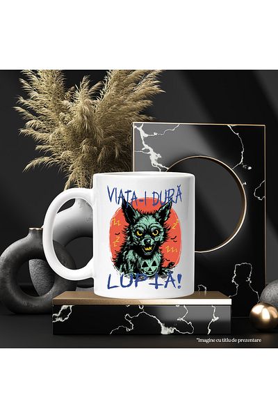 StoryGift Romania Cana caine furios mesaj motivational viata-i dura, 330ml, Ceramic cu Maner Alb, Cu Ma,STG