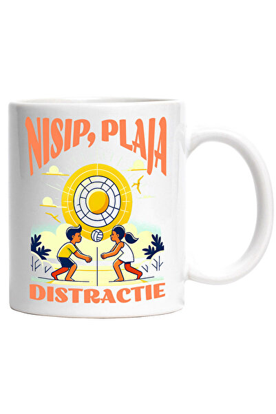 StoryGift Romania Cana cu Jucatori De Volei Plaja Tropocala text Nisip Plaja, Distractie, Minge, C, Cu Maner Alb