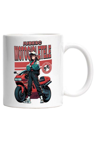 StoryGift Romania Cana cu Fata Animata Cu Sapca Tinuta Sport Motor Rosu Sport Viteza Text Iubesc M, Cu Maner Alb