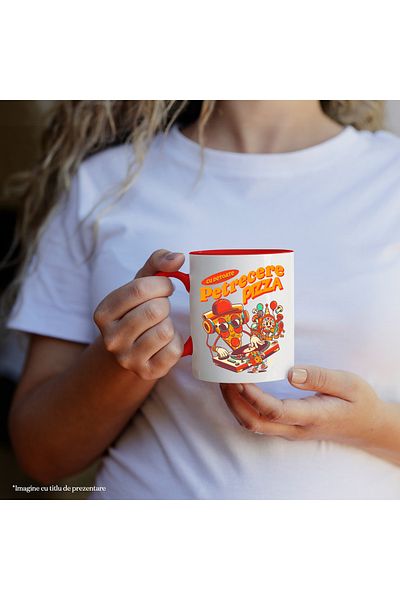 StoryGift Romania Pizza party mug with all things DJ music, 330ml, Ceramic with Red Handle, With Ro Handle, STG.