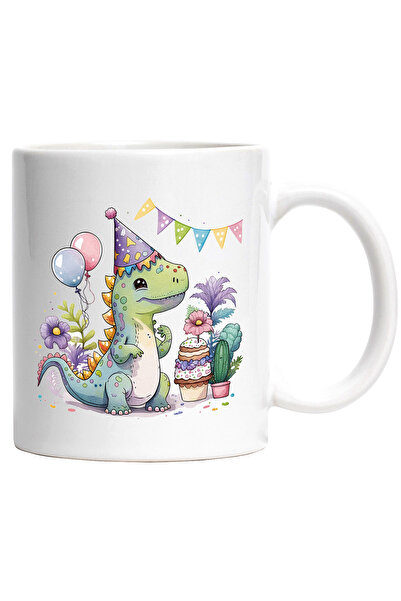 StoryGift Romania Cana cu un pui de dinozaur fericit | ilustratie | aniversare | coif | baloane | , Cu Maner Alb