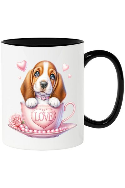 StoryGift Romania Mug with a puppy with long ears | illustration | sitting in a cup | happiness | t, With Black Handle