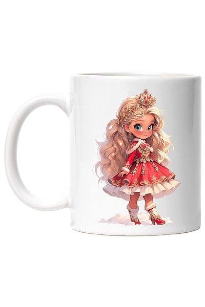 StoryGift Romania Cana cu o fetita dragalasa cu coronita | ilustratie | rochie rosie | par blond l, Cu Maner Alb