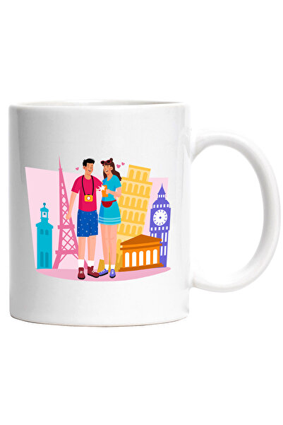 StoryGift Romania Cana Cu Calatorie, Monumente, Paris, Italia, Anglia, Aparat Foto, Telefon, Multi, Cu Maner Alb