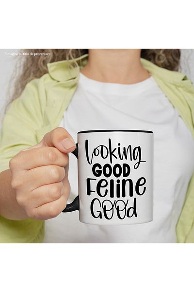 StoryGift Romania Mug with the text "Looking good, feeling good" - feline cats with Black Handle, With Ma