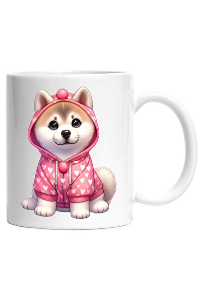 StoryGift Romania Cana cu un catel Akita Inu care poarta un hanorac cu inimio...
