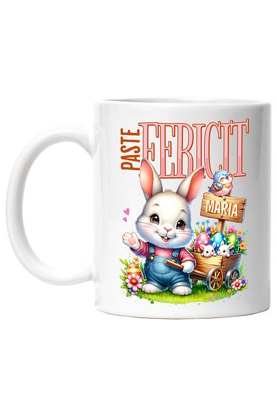 StoryGift Romania Cana cu Iepure Alb Cu Salopeta De Denim Carucior Cu Oua Colorate Pascal text Pas, Cu Maner Alb