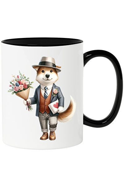 StoryGift Romania Cana cu un caine binedispus care tine un buchet cu flori si...