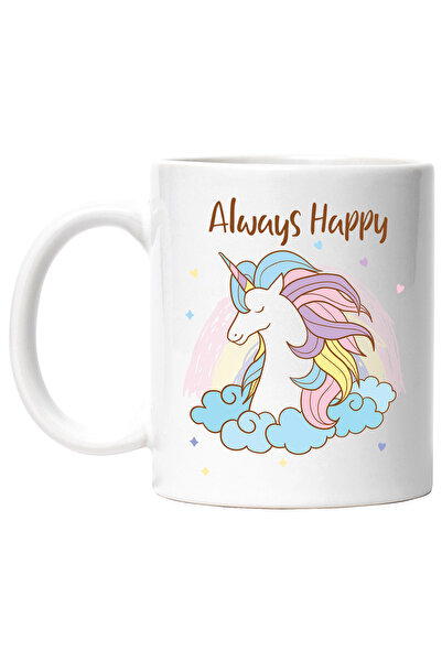 StoryGift Romania Cana Cu Mesaj In Engleza Always Happy, Unicorn, Curubeu, Nori, Multicolor 330 ml, Cu Maner Alb